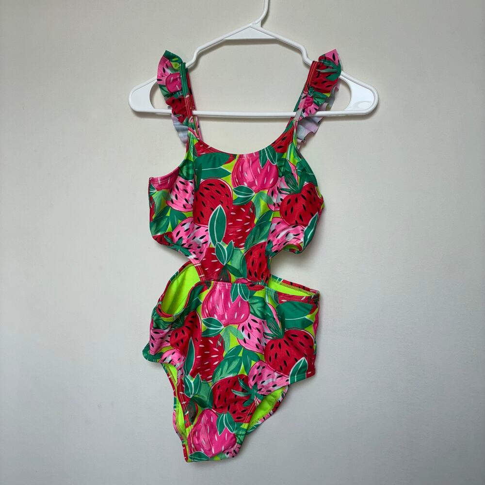 Cat & Jack Strawberry Cutout Swimsuit Neon Pink Green Girls 12